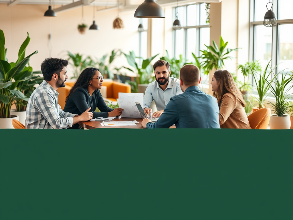 A group of five people engaged in a discussion around a table in a bright, plant-filled office space.