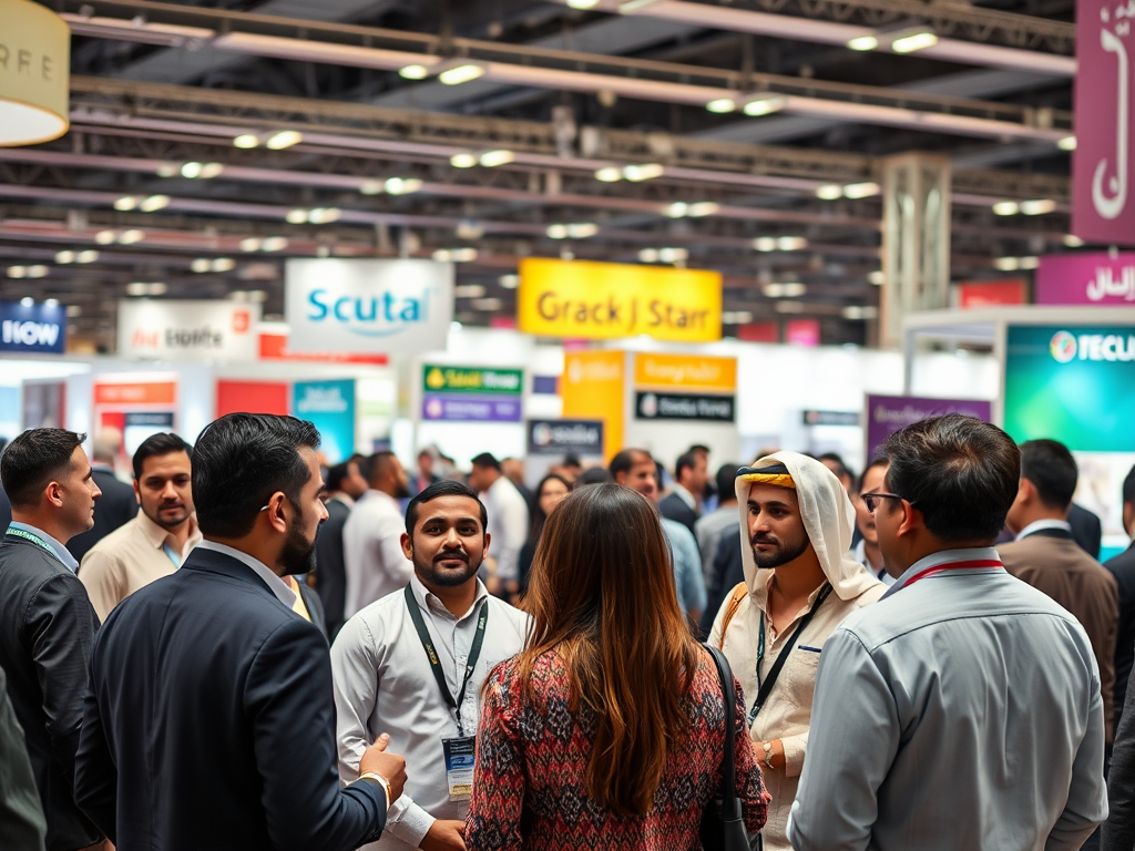 A busy convention center filled with people networking and interacting among various company booths and banners.