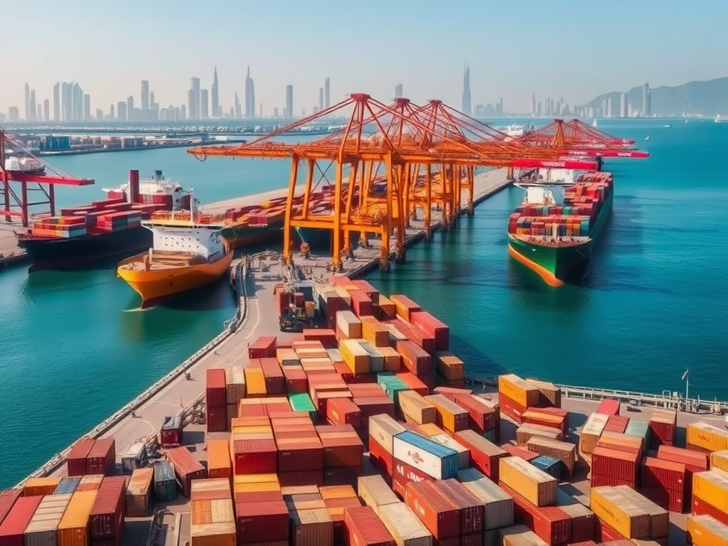 A vibrant port scene with container ships, cranes, and colorful shipping containers against a city skyline.