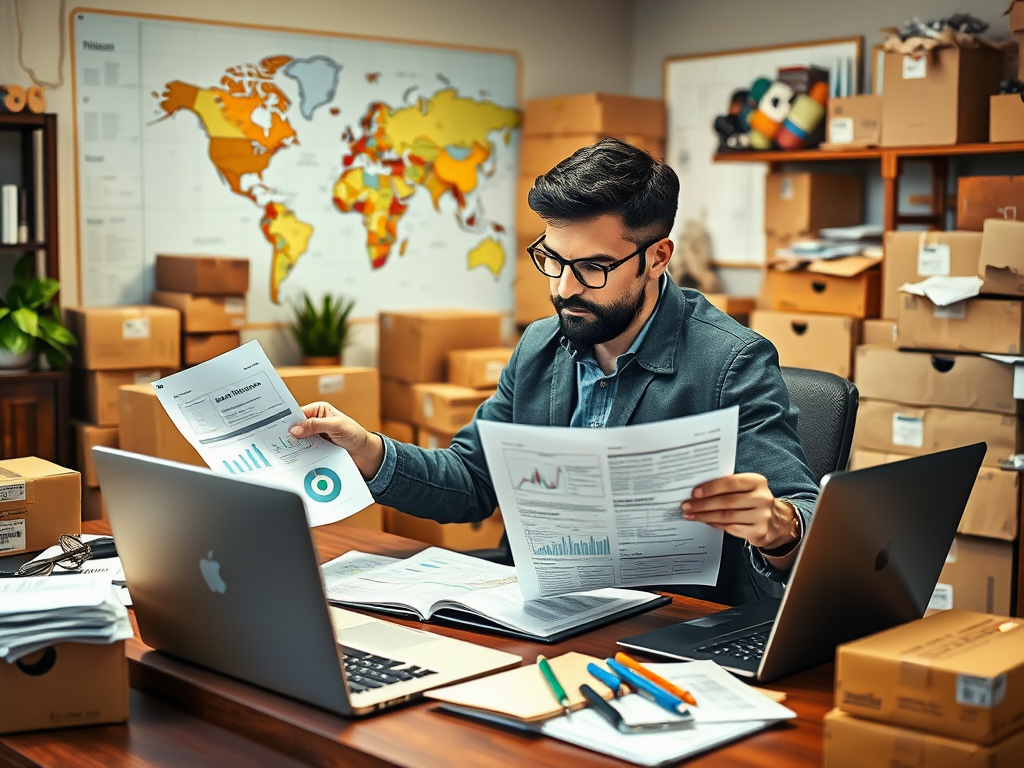 A man reviews financial reports and charts in an office filled with boxes and a world map on the wall.