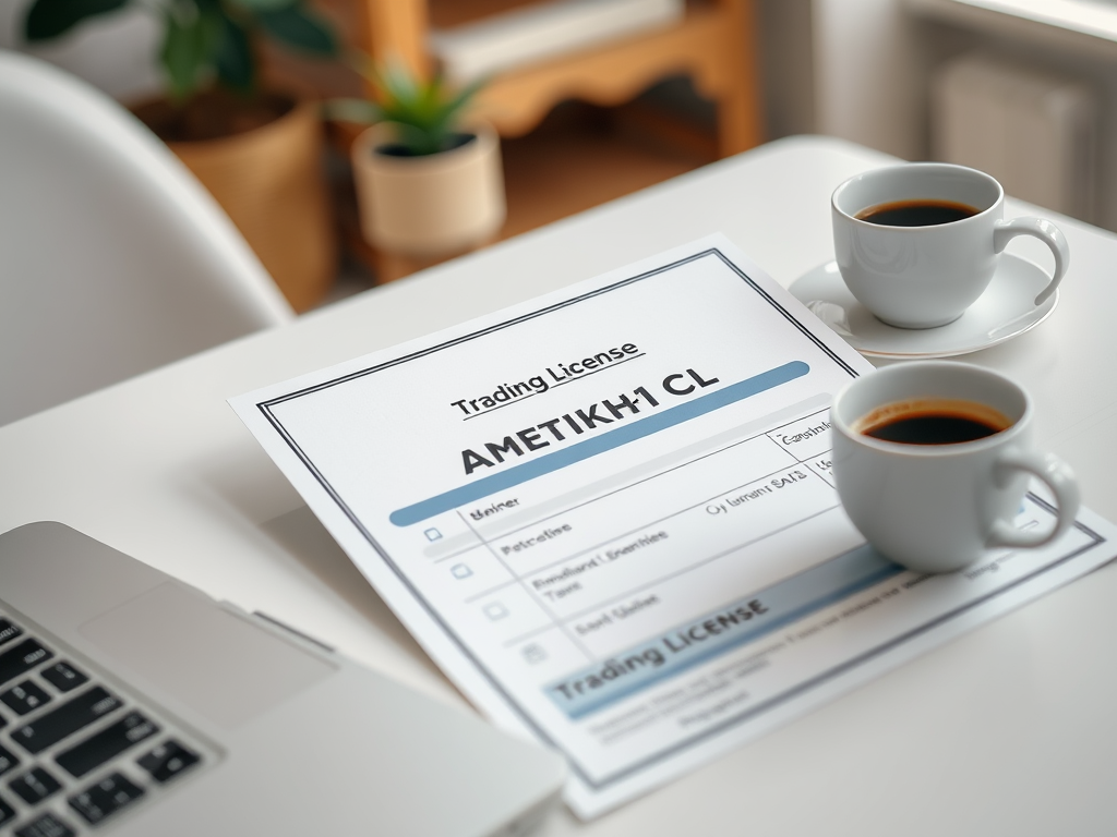 A trading license document titled "AMETIKH1 CL" on a table with two cups of coffee and a laptop.