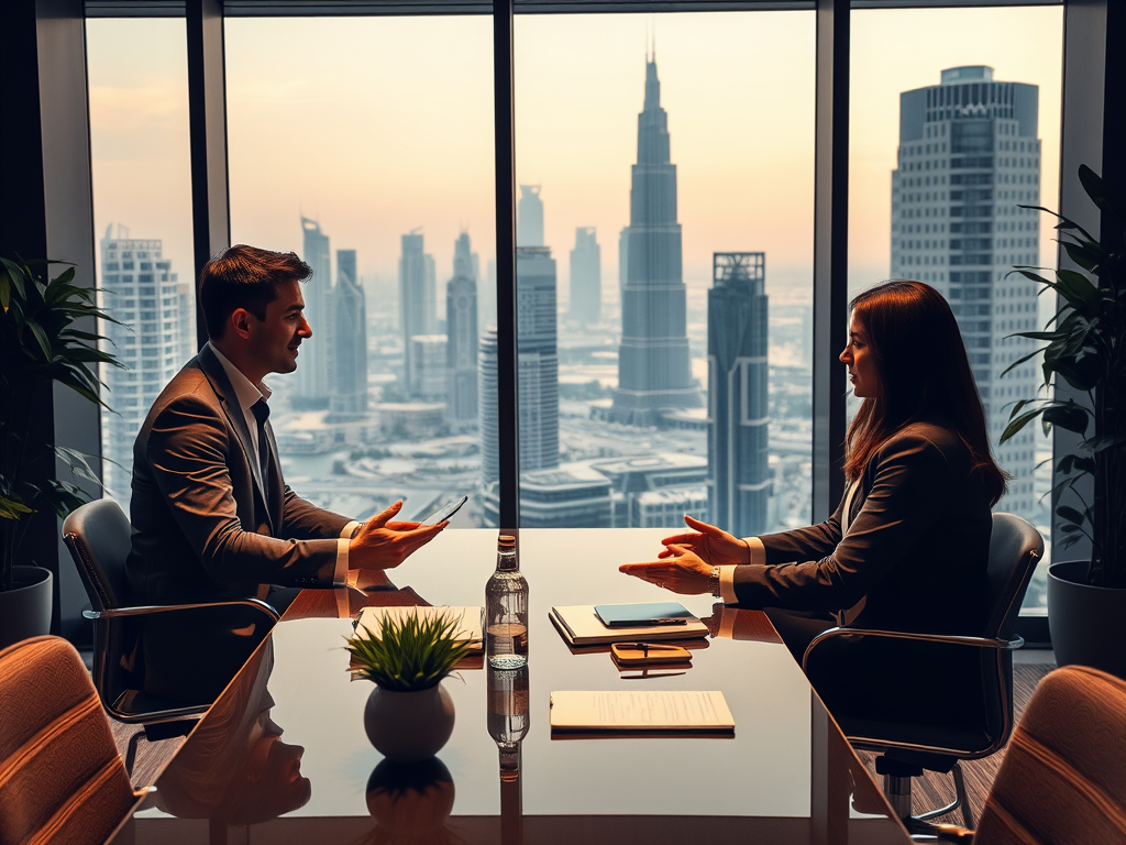 A man and a woman sit at a conference table, discussing with a city skyline view in the background.